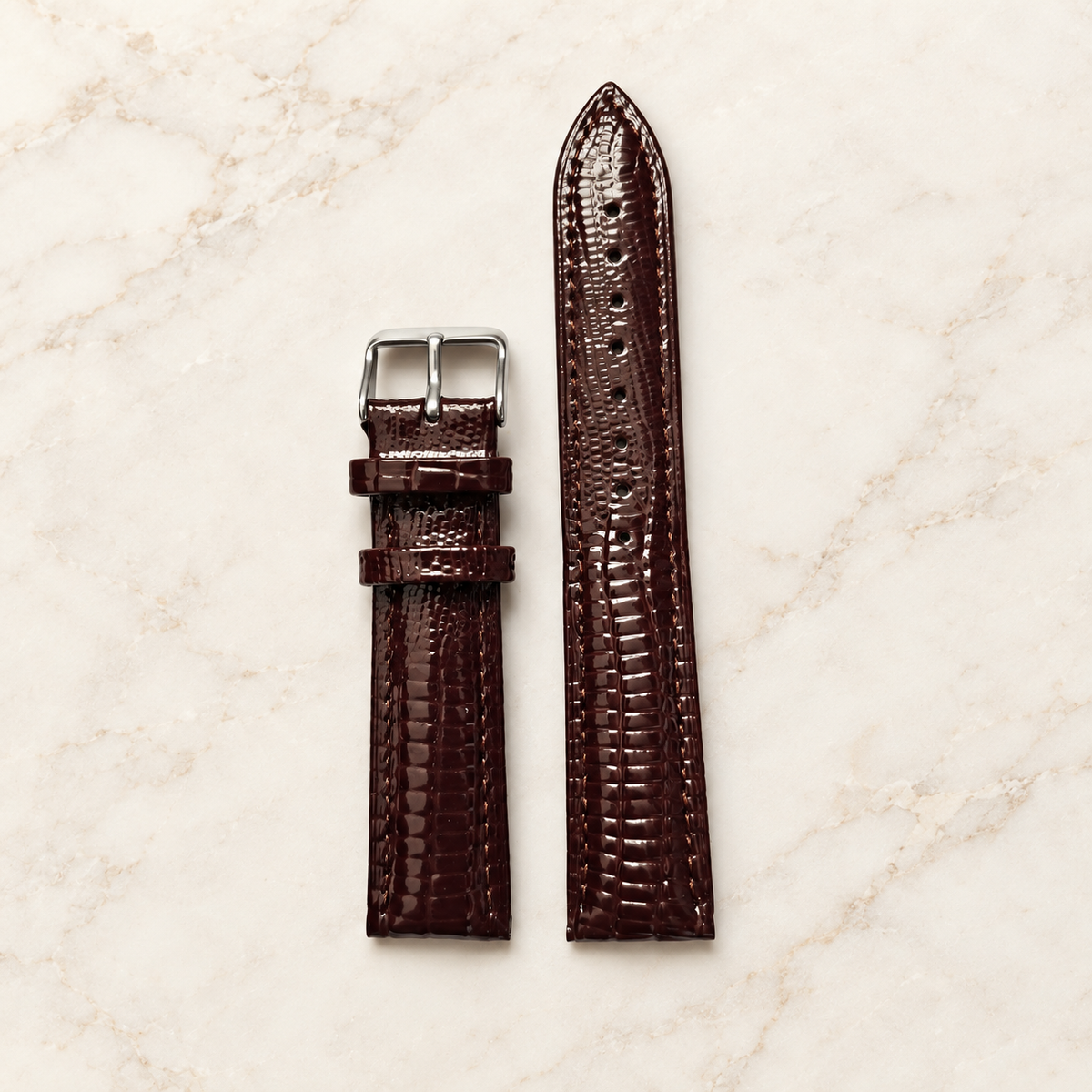 Bracelet de montre en cuir véritable grain lézard marron – vue de face