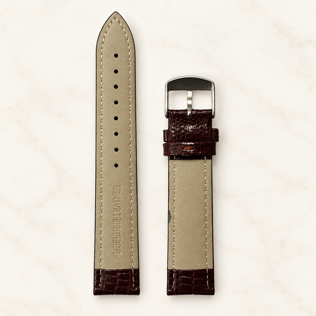 Doublure beige du bracelet de montre en cuir grain lézard marron