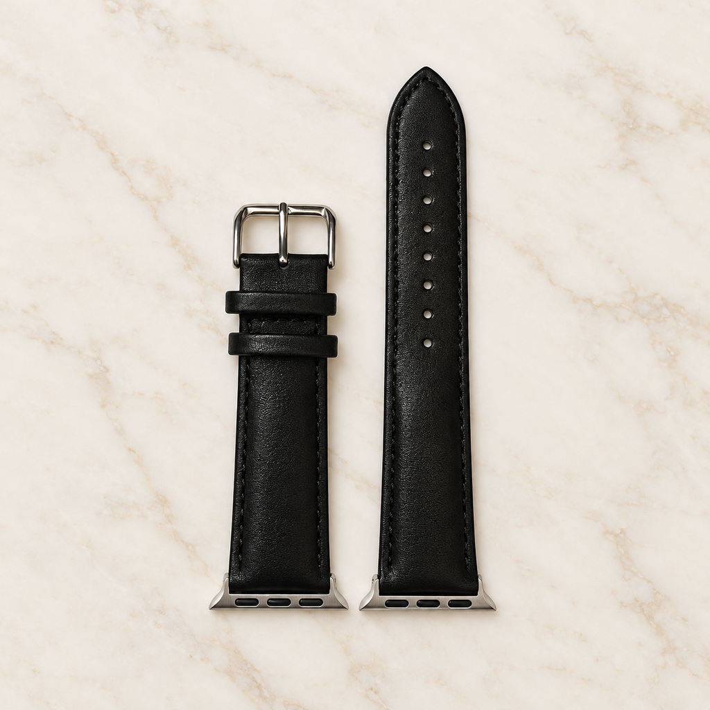 Bracelet Apple Watch en cuir noir avec surpiqûres noires, vue de face
