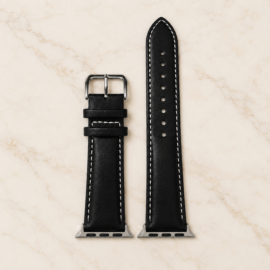 Bracelet Apple Watch en cuir noir avec surpiqûres blanches, vue de face