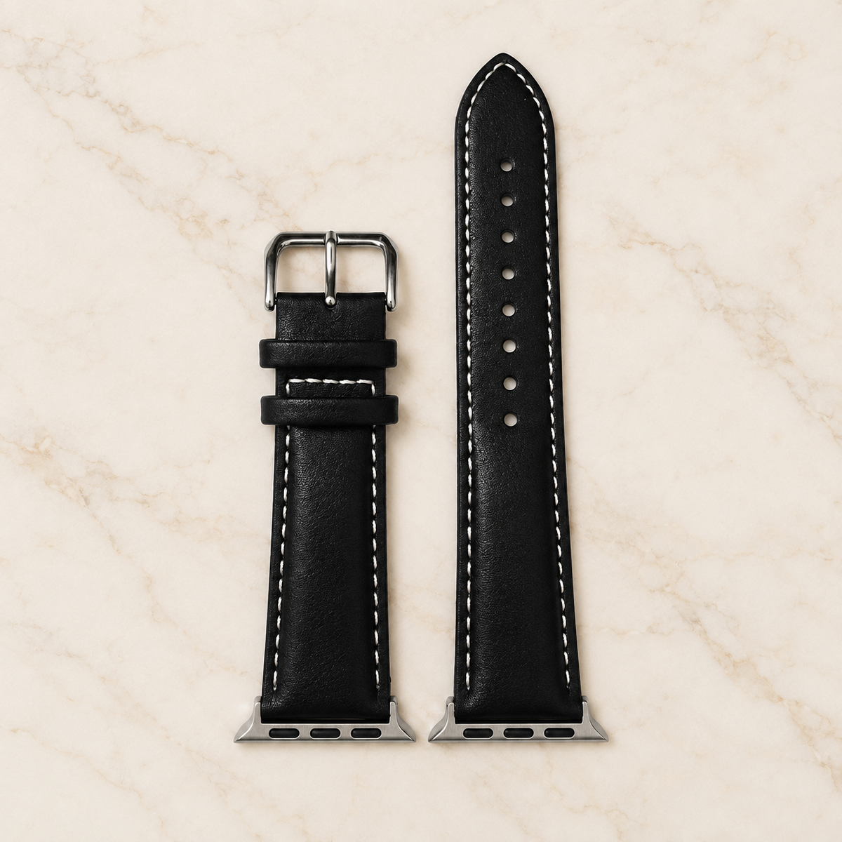 Bracelet Apple Watch en cuir noir avec surpiqûres blanches, vue de face
