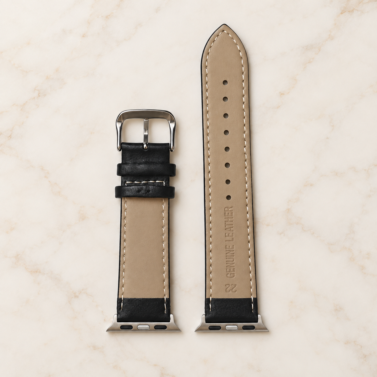 Verso beige du bracelet Apple Watch noir avec coutures blanches