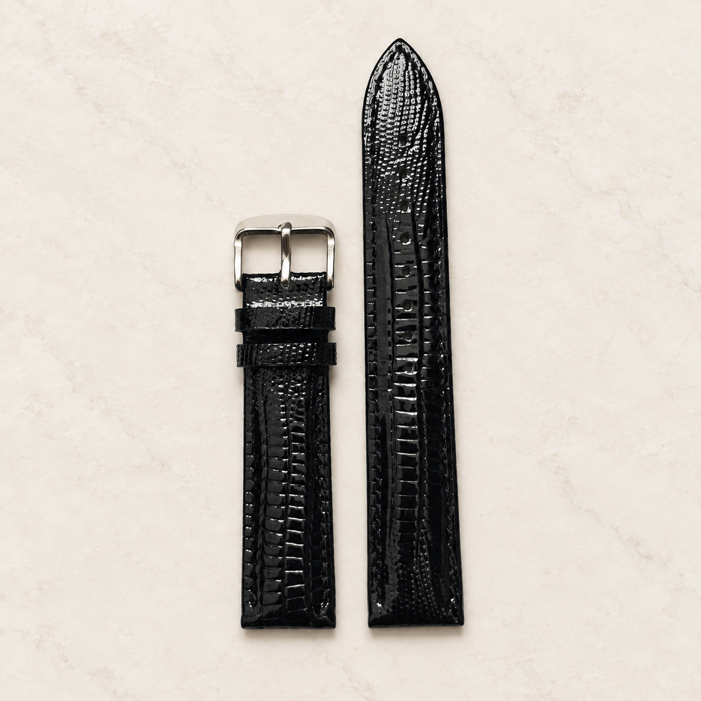 Bracelet de montre noir en cuir grain lézard, vue de face