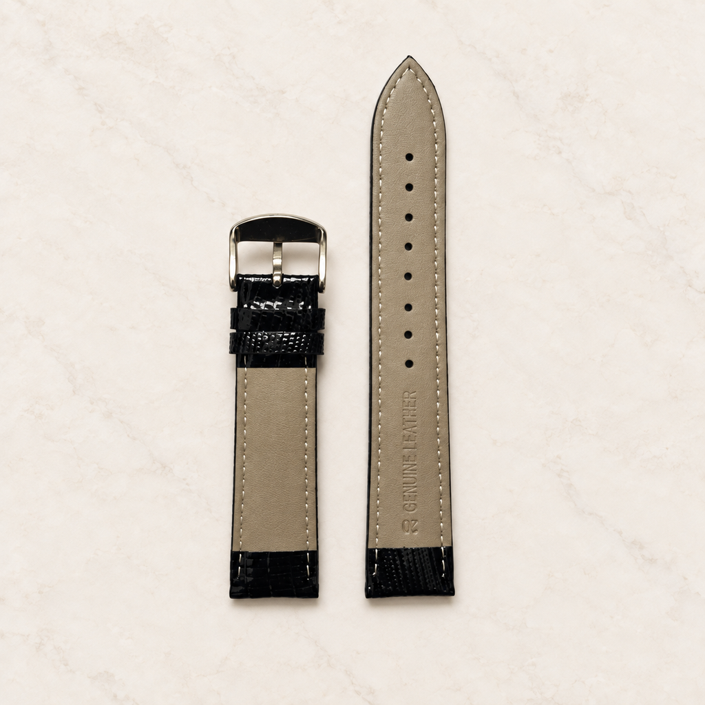 Doublure en cuir beige du bracelet de montre grain lézard noir