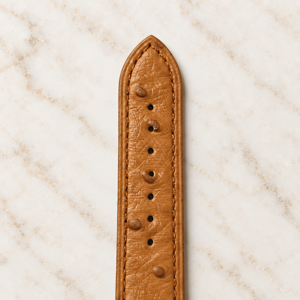 Détail du cuir véritable grain d’autruche camel et trous de réglage