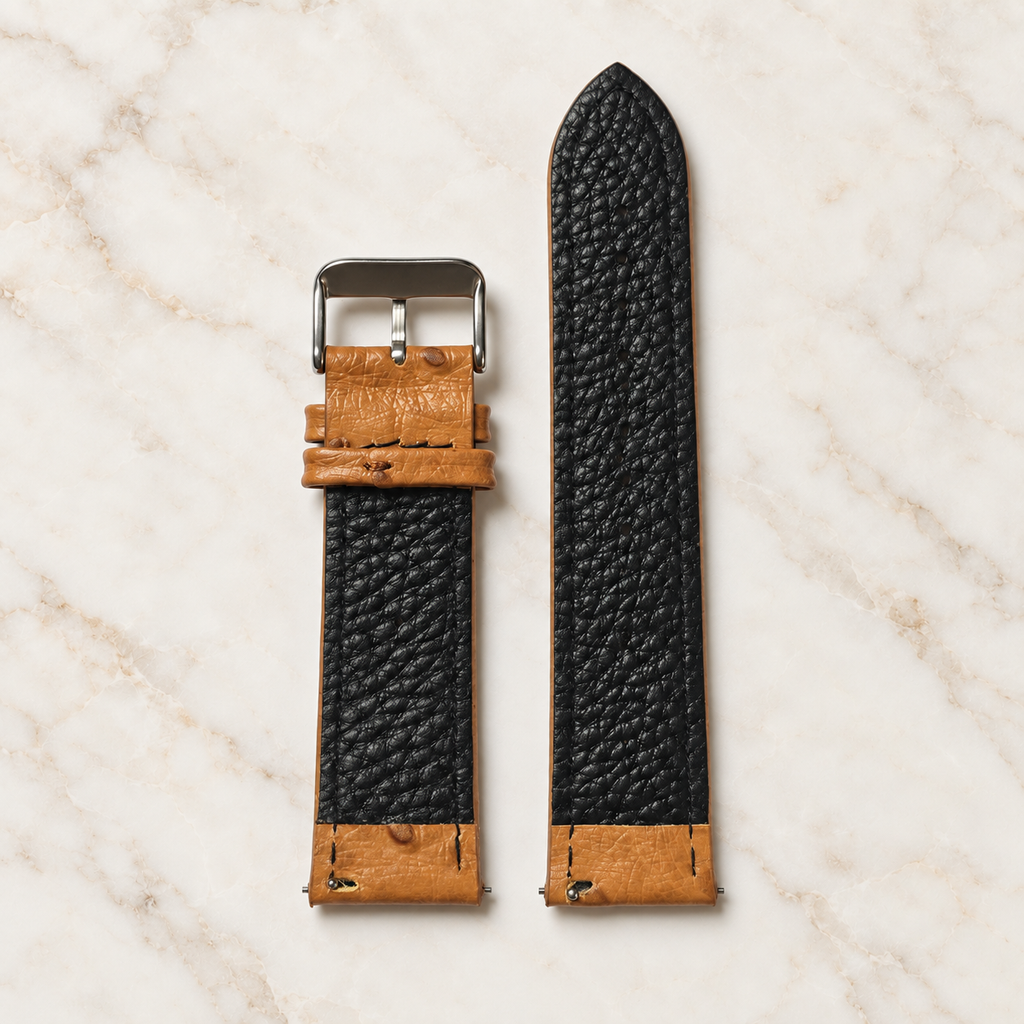 Doublure noire du bracelet montre en cuir grain d’autruche camel