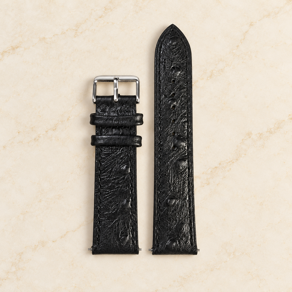 Bracelet de montre noir en cuir grain d’autruche 20, 22 et 24 mm