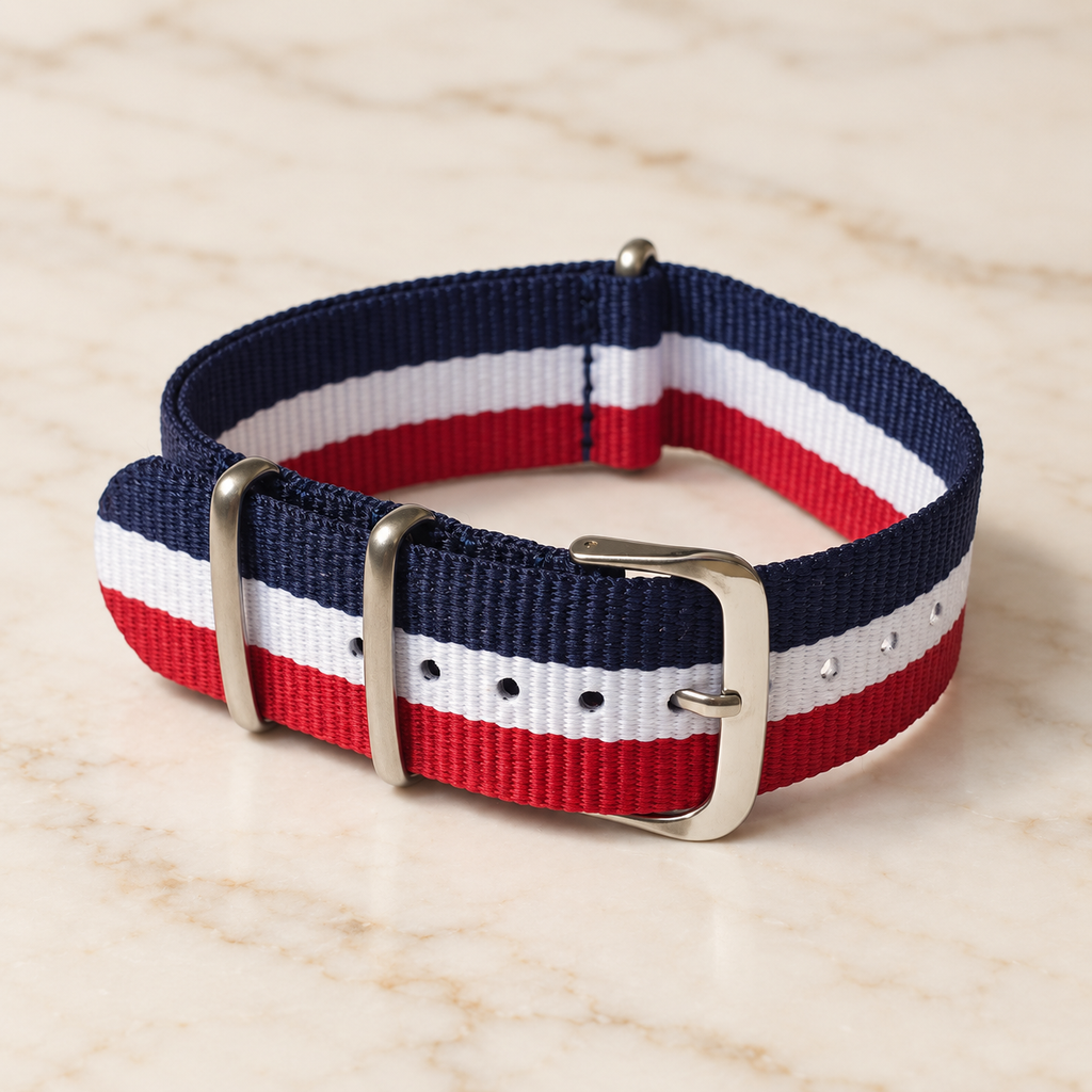 Bracelet de montre NATO bleu marine, blanc et rouge présenté en cercle avec sa boucle en acier inoxydable