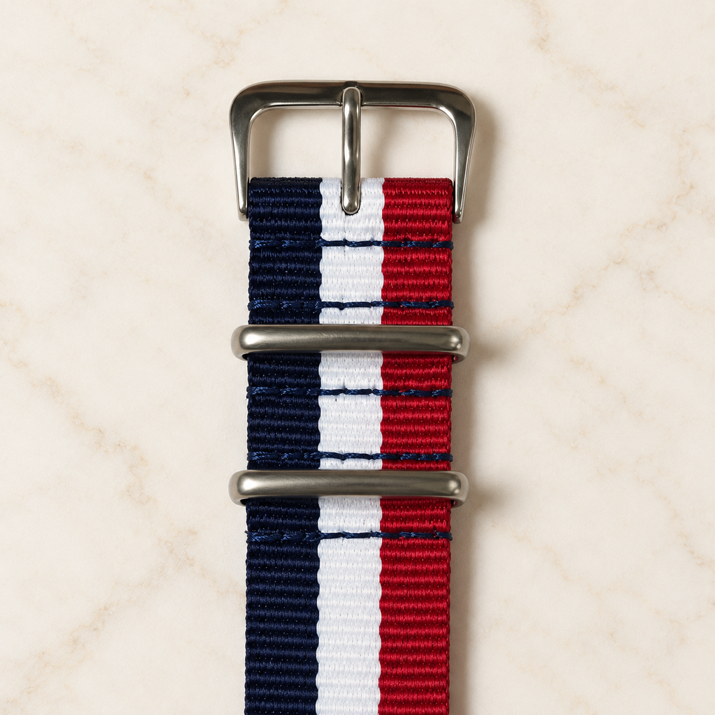 Gros plan de la boucle en acier inoxydable et du tissage du bracelet NATO bleu, blanc et rouge