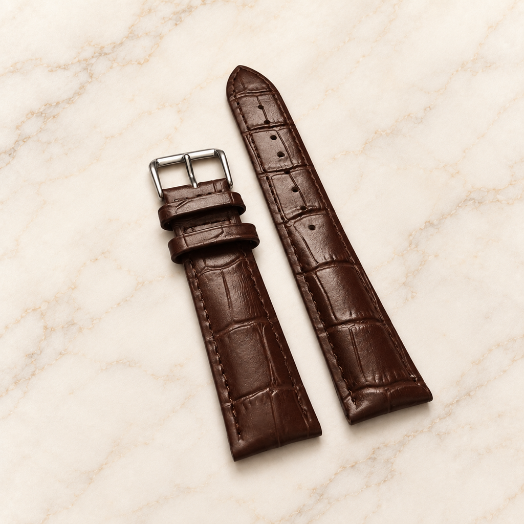 Bracelet de montre en cuir grain croco marron – vue inclinée