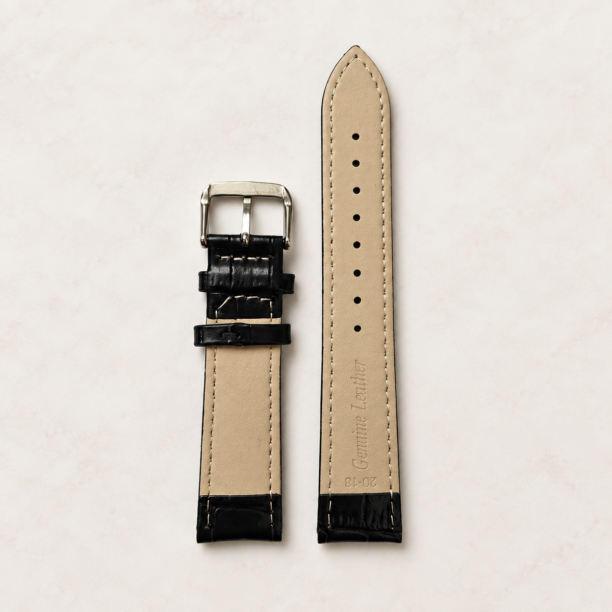 Bracelet de montre grain croco noir – doublure claire