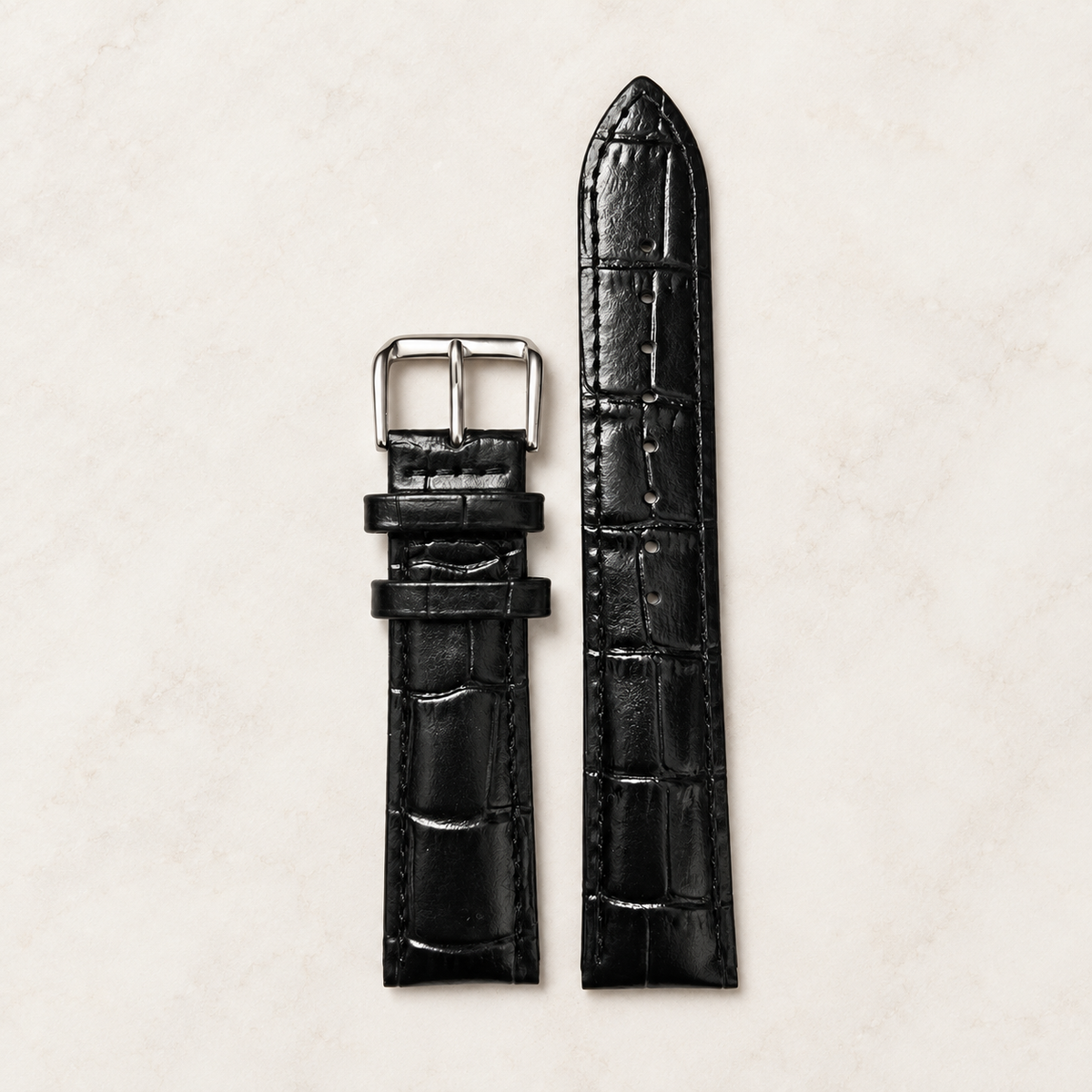 Bracelet de montre en cuir grain croco noir Maison Lortier – vue de face