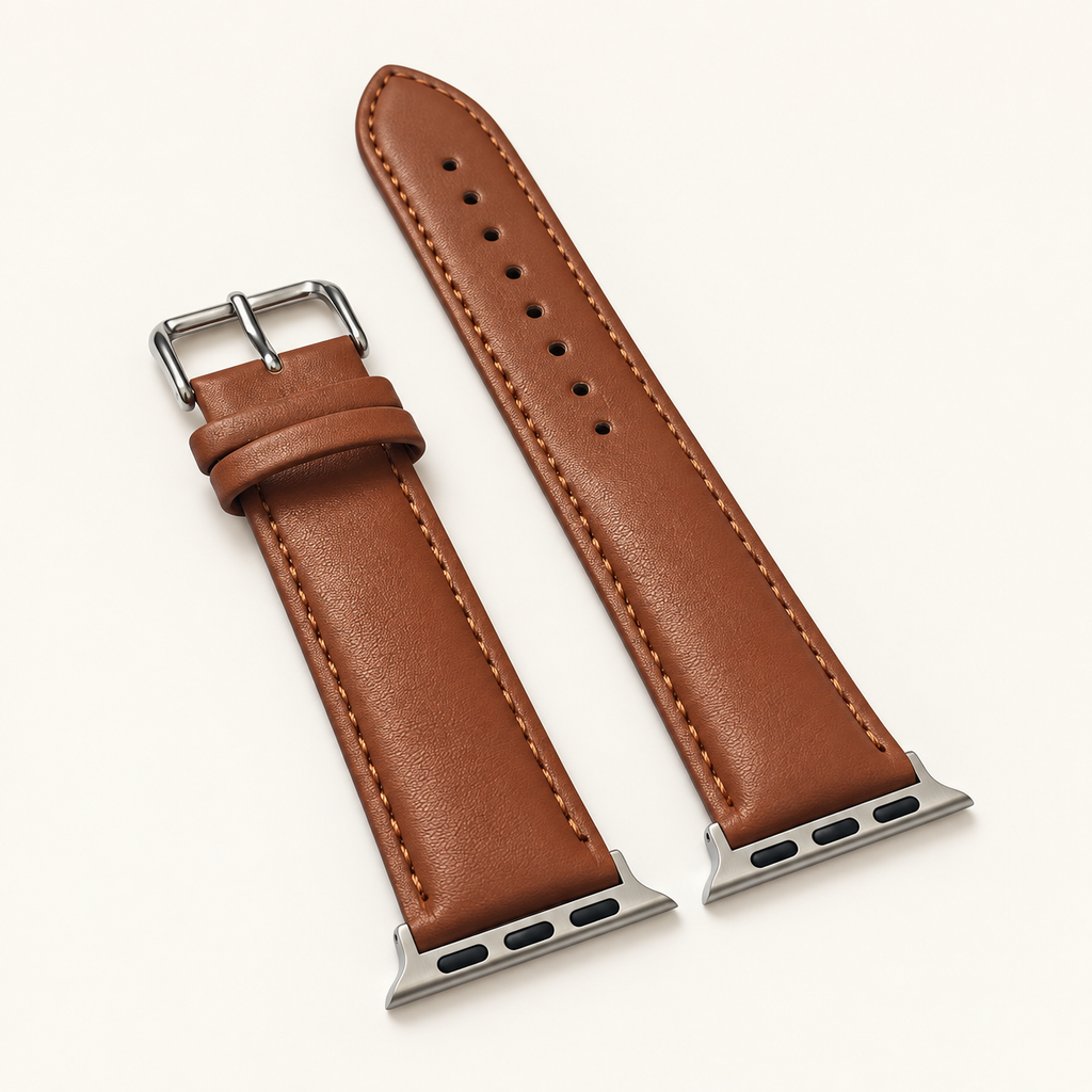 Bracelet Apple Watch en cuir cognac présenté en vue inclinée