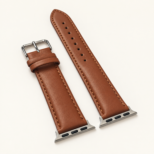 Bracelet Apple Watch en cuir cognac présenté en vue inclinée